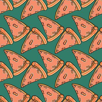 patrón de pizza, patrón sin costuras sobre fondo verde. vector