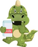 Green dragon is holding milk, illustration, vector on white background.