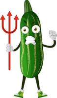 Cucumber with devil fork, illustration, vector on white background.