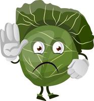 Cabbage is holding palm of hand in front of him, illustration, vector on white background.