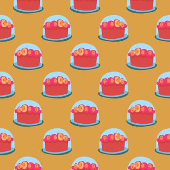 pastel en un plato, patrón sin costuras en un fondo naranja. vector