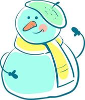 Muñeco de nieve con bufanda, ilustración, vector sobre fondo blanco.