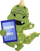 Green dragon is holding thank you sign, illustration, vector on white background.
