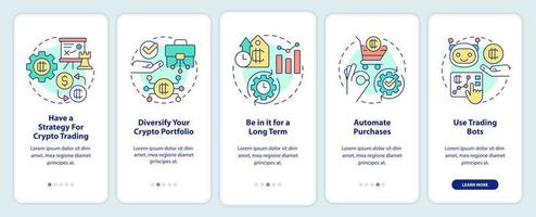 Cryptocurrency tips onboarding mobile app screen. Making money walkthrough 5 steps editable graphic instructions with linear concepts. UI, UX, GUI template. vector