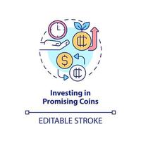 Investing in promising coins concept icon. Way to make money on crypto abstract idea thin line illustration. Isolated outline drawing. Editable stroke. vector