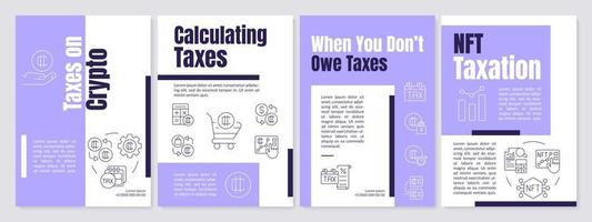 Taxation for cryptocurrency transactions purple brochure template. Leaflet design with linear icons. Editable 4 vector layouts for presentation, annual reports.