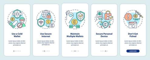 Crypto wallet security onboarding mobile app screen. Earnings safety walkthrough 5 steps editable graphic instructions with linear concepts. UI, UX, GUI template. vector