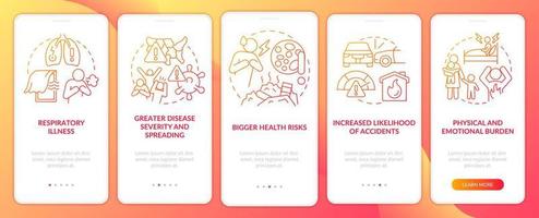 Health effects of overcrowding red gradient onboarding mobile app screen. Walkthrough 5 steps graphic instructions with linear concepts. UI, UX, GUI template. vector