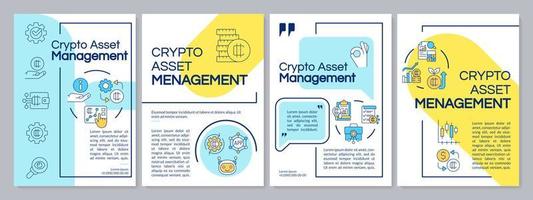 Tokenized assets management blue and yellow brochure template. Crypto. Leaflet design with linear icons. Editable 4 vector layouts for presentation, annual reports.