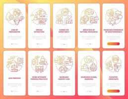 Human overpopulation red gradient onboarding mobile app screen set. Walkthrough 5 steps graphic instructions with linear concepts. UI, UX, GUI template. vector