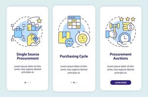 Procurement strategy examples onboarding mobile app screen. Auctions walkthrough 3 steps editable graphic instructions with linear concepts. UI, UX, GUI template. vector