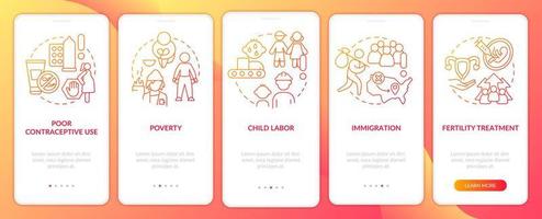 Causes of overpopulation red gradient onboarding mobile app screen. Reasons walkthrough 5 steps graphic instructions with linear concepts. UI, UX, GUI template. vector