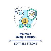 Maintain multiple wallets concept icon. Diversified investment. Cryptosecurity abstract idea thin line illustration. Isolated outline drawing. Editable stroke. vector