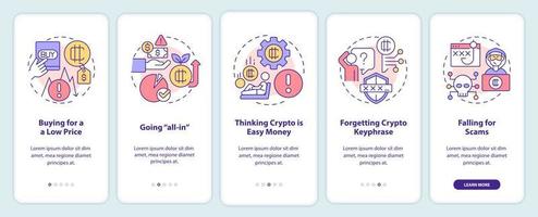 Common crypto mistakes onboarding mobile app screen. Beginner fails walkthrough 5 steps editable graphic instructions with linear concepts. UI, UX, GUI template. vector