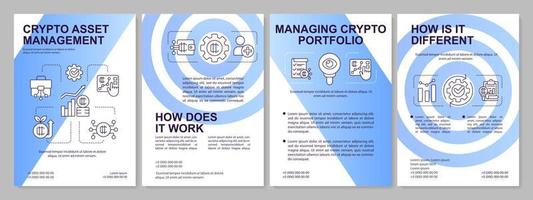 Management of crypto asset blue brochure template. Blockchain. Leaflet design with linear icons. Editable 4 vector layouts for presentation, annual reports.