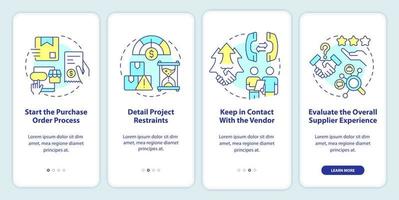 Steps for procurement planning onboarding mobile app screen. Ordering walkthrough 4 steps editable graphic instructions with linear concepts. UI, UX, GUI template. vector