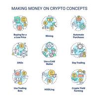 ganar dinero con el conjunto de iconos de concepto criptográfico. minería de criptomonedas. ideas de finanzas digitales ilustraciones en color de línea delgada. símbolos aislados. trazo editable. vector