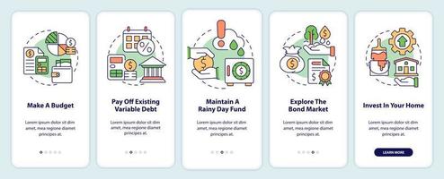 Protecting money during inflation onboarding mobile app screen. Walkthrough 5 steps editable graphic instructions with linear concepts. UI, UX, GUI template.