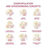 Overpopulation and overcrowding red gradient concept icons set. Global problems and effects idea thin line color illustrations. Isolated symbols. vector