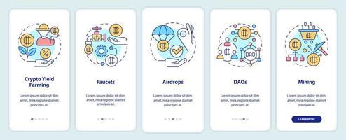 formas de ganar dinero en la pantalla de la aplicación móvil de incorporación de criptomonedas. tutorial 5 pasos instrucciones gráficas editables con conceptos lineales. interfaz de usuario, ux, plantilla de interfaz gráfica de usuario. vector