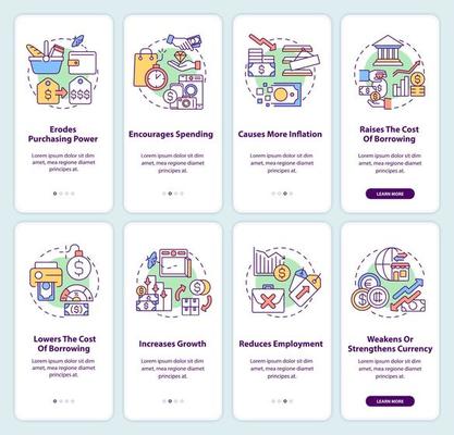 Inflation consequences onboarding mobile app screen set. Walkthrough 4 steps editable graphic instructions with linear concepts. UI, UX, GUI template.