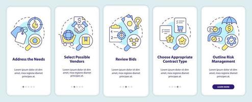 pasos del proceso de adquisición incorporando la pantalla de la aplicación móvil. revisión de ofertas tutorial 5 pasos instrucciones gráficas editables con conceptos lineales. interfaz de usuario, ux, plantilla de interfaz gráfica de usuario. vector