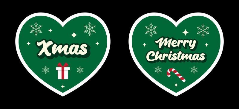 Christmas phrases in trendy retro style. Green hearts stickers with snowflakes, gift box, candy cane and retro stars. Perfect for scrapbooking, greeting card, party invitation, tag, sticker kit,
