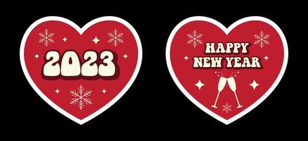 2023 Happy New Year quotes in trendy retro style. Red hearts stickers with snowflakes, champagne glasses and retro stars. Perfect for scrapbooking, greeting card, tag, sticker kit, social media vector