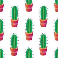 cactus en patrón de seamlees de maceta. ilustración para impresión, fondos, cubiertas y embalaje. la imagen se puede utilizar para tarjetas de felicitación, carteles, pegatinas y textiles. aislado sobre fondo blanco. vector