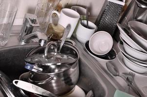 A huge pile of unwashed dishes in the kitchen sink and on the countertop photo