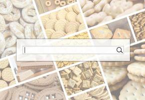 Visualization of the search bar on the background of a collage of many pictures with various sweets close-up. A set of images with varieties of biscuits, bagels and candies photo