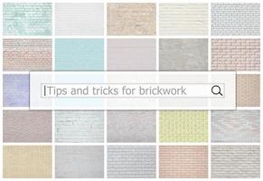 Visualization of the search bar on the background of a collage of many pictures with fragments of brick walls of different colors close up. Tips and tricks for brickwork photo