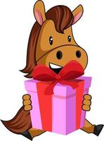 Horse with birthday present, illustration, vector on white background.