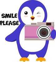 Penguin with camera, illustration, vector on white background.