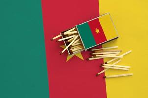 Cameroon flag is shown on an open matchbox, from which several matches fall and lies on a large flag photo