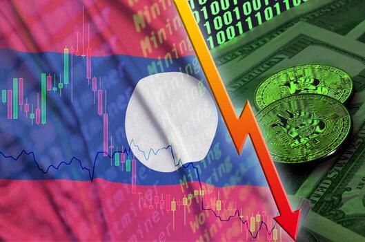 bandera de laos y tendencia de caída de criptomonedas con dos bitcoins en billetes de dólar y visualización de código binario foto