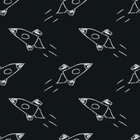 Doodle cosmic seamless pattern in childish style. Hand drawn abstract space rocket. Black and white vector