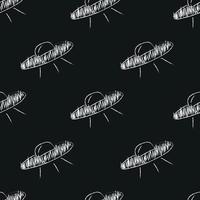 Doodle space seamless pattern in childish style. Hand drawn abstract ufo. Black and white. vector