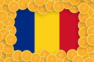 Romania flag in fresh citrus fruit slices frame photo