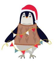 Penguin with Christmas decorations. vector