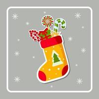tarjeta de navidad con calcetín de navidad amarillo. pegatina de invierno. tarjeta de felicitación, marco para navidad, año nuevo. decoración de vacaciones de invierno. decoración festiva. ilustración vectorial brillante vector