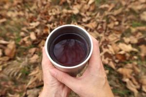 Female hands hold stainless steel cup with hot tea. Selective focus. Blurred fallen foliage on background. Autumn hygge mood. Outdoors, picnic, camping, traveling, trekking concept. photo