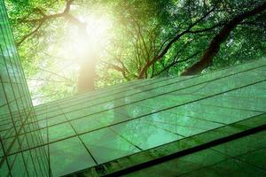 edificio verde sostenible. edificio ecológico. edificio de oficinas de vidrio sostenible con árbol para reducir el dióxido de carbono. oficina con ambiente verde. el edificio corporativo reduce el co2. vidrio de seguridad. foto