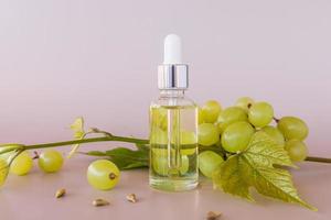 a transparent bottle with a pipette with natural cosmetic grape seed oil or whey against of ripe grapes. vitamin E, slowing down the aging process. photo