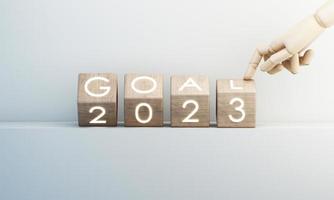 Countdown start new year 2023 with the vision and perspective of planning to achieve goals. concept for the future business and management. in cartoon illustration on red background. 3d rendering photo