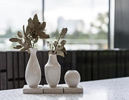 Small ceramic white vases with dry plants standing in front of row of books and window photo
