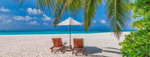 Beautiful tropical beach holiday banner. White sand coco palms travel tourism wide panoramic beach landscape. Summer sea horizon, idyllic island nature. Amazing couple luxury island resort vacation photo