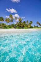 Summer travel background. Exotic tropical beach island, paradise coast. Palm trees white sand, amazing sky ocean lagoon. Fantastic beautiful nature background, sunny day idyllic inspirational vacation photo
