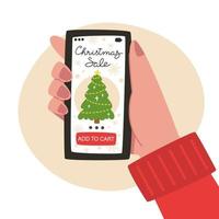 Online shopping of Christmas gifts on a smartphone vector