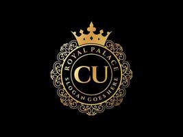 Letter CU Antique royal luxury victorian logo with ornamental frame. vector
